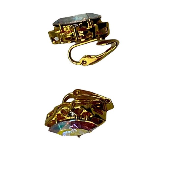 Lind Gold Tone Marquise Aurora Borealis Rhinestone Cut Clip-On Earrings 3/4” - Picture 3 of 10